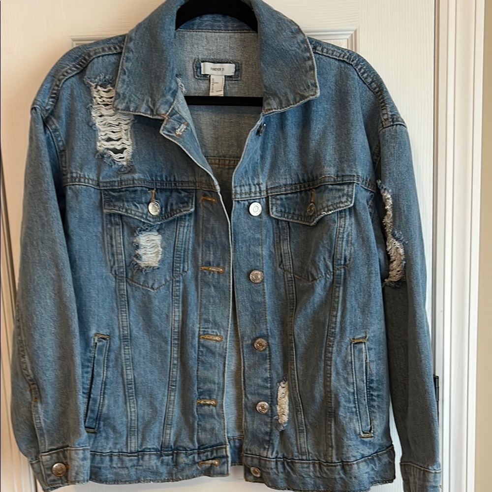 Forever 21 Distressed Oversized Denim Jean Jacket